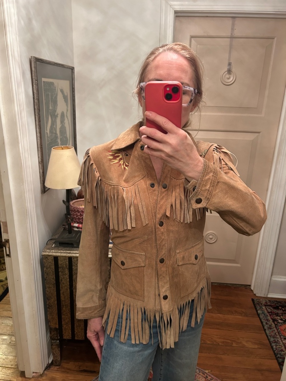 RARE! AUTHENTIC 70s sz 4-6 TAN Fringed PIG Suede Western Jacket With embroidery - Picture 4 of 10